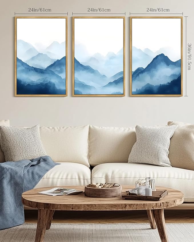 Drsoum Blue Fog Mountains Landscape Wall Art Framed Vintage Nature Misty Nordic Prints Ink Wash Watercolor Boho Farmhouse Rustic Artwork Hallway Bedroom Ready to Hang 24x36in Natural Framed