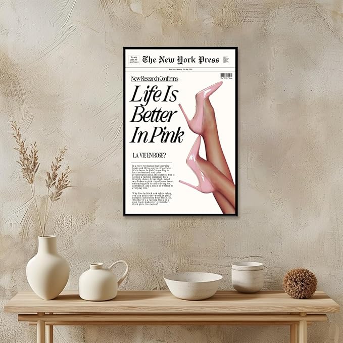 Trendy Baby Pink Poster 70s Canvas Prints The New York Press Wall Art Life Is Better in Pink Hot Girl Posters Preppy Aesthetic Decor Bedroom for Cool Girly Room Home Dorm 12x16inch black framed