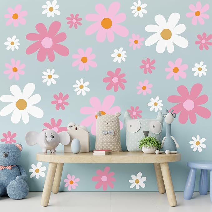 TaoBary 12 Sheet Daisy Wall Sticker Decal Removable Cute Daisy Bedroom Room Decor Flower Wall Sticker Pink White Flower Decal Wallpaper Peel and Stick for Nursery Home(Pink Color,Vibrant Style)