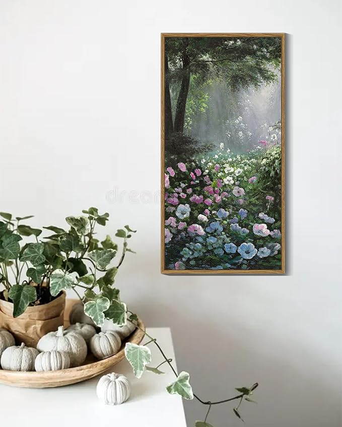 SHENIFY Vintage Floral Framed Wall Art Garden in Flower Scenery Farmhouse Decor Retro Flower Sea Field Painting for Bedroom Living Room Ready to Hang Wall Artwork - 8x16in Natural Framed