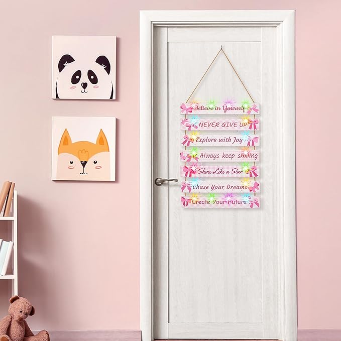 FIOBEE Girls Room Décor for Teen Girls Boys with LED Light Wall Decor for Bedroom Motivational Inspirational Wall Art Room Decoration for Kids Studyroom, 8 Kinds of Lights, Pink Bow