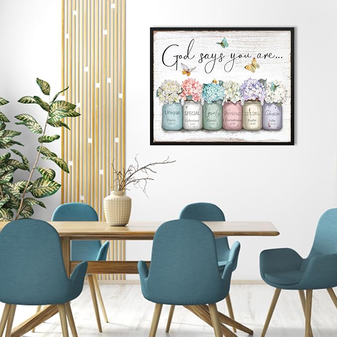 Inspirational Bible Verse Wall Art: God Says You Are Wall Decor Framed Christian Painting 24" x 30",Hydrangea Flower in Mason Jar Prints Hanging Posters Religious Bedroom Decor for Women Girls