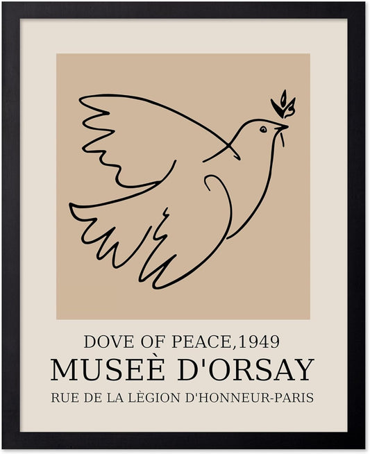 Poster Master Vintage Poster - Retro Minimalist Print - Gift for Artist, Friend - Dove Of Peace, Line Drawing, Sketch, Abstract - Wall Decor for Living Room, Bedroom, 11x14 Black Framed