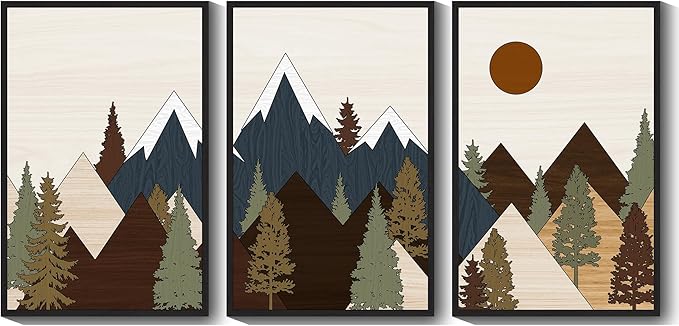 Drsoum Morden Mountains Landscape Wall Art Framed Boho Pine Tree Forest Nature Prints Boho Farmhouse Rustic Artwork Hallway Bedroom Ready to Hang 24x36in Black Framed