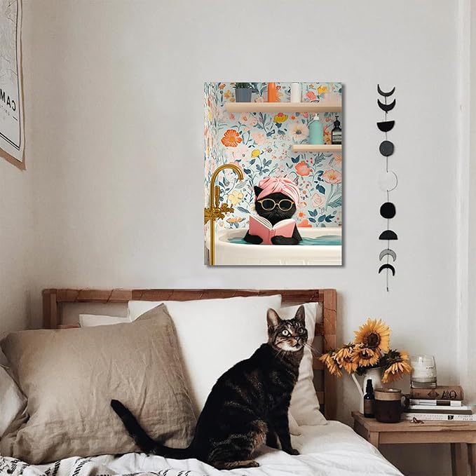 Funny Black Cat Bathroom Wall Art, Bathroom Animal Pictures Canvas Prints, Framed Cute Cat Posters Wall Decor for Living Room Bedroom Toilet Kids Room Wall Paintings 12X16 inch