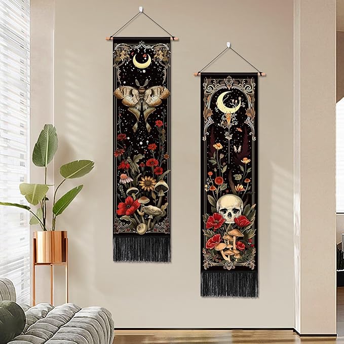 ARTCREATOR Pack of 2 Witchy Gothic Wall Bedroom Decor Moth Moon Tapestry Skull Mushroom Vertical Tapestries Retro Floral Flowers Tapestries for Bedroom Aesthetic Art Room (12.8 x 51.2 inches)