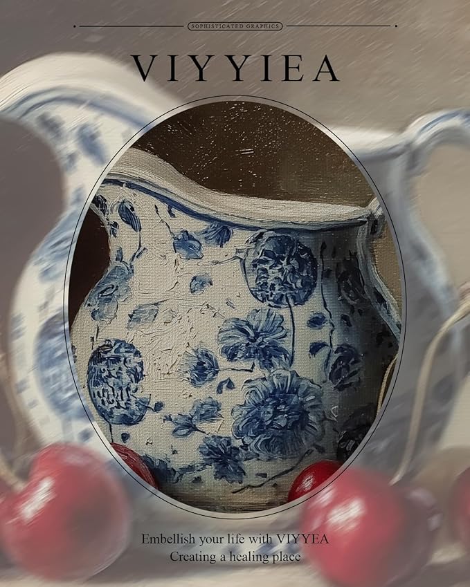 VIYYIEA Gold Framed Classic Still Life Wall Art, Vintage Blue and White Floral Pitcher with Sweet Red Cherries, Elegant Kitchen Wall Decor | Zero-Glare No Glass Design | 13x16 Inch