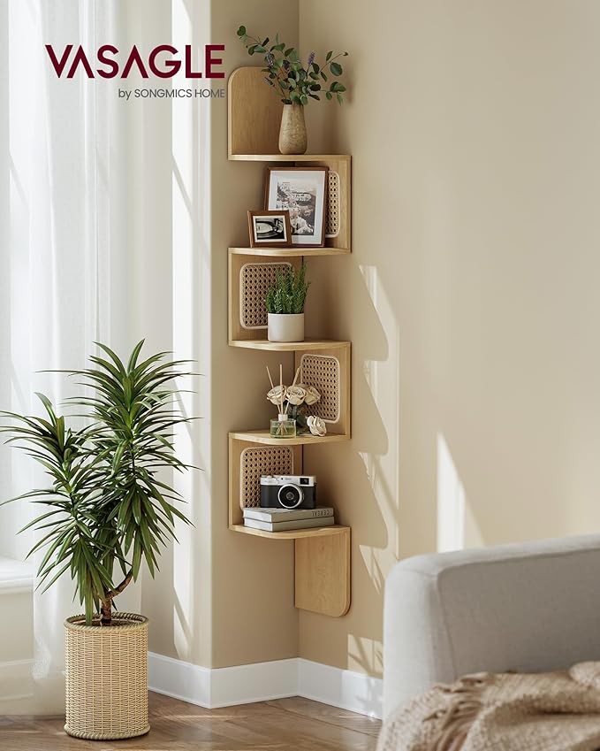 VASAGLE 5-Tier Corner Shelf, Wall Mounted Floating Shelf, Zigzag Corner Shelf Unit, PVC Rattan Sides, Space-Saving, for Kitchen, Living Room, Bedroom, Boho Style, Oak Beige ULLS582YC01S