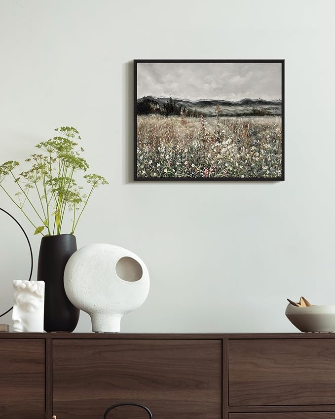 SHENIFY Vintage Landscape Framed Wall Art Meadow Flowers Farmhouse Decor Retro Classic Painting for Kitchen Living Room Bedroom Bathroom - 8x10in Black Framed