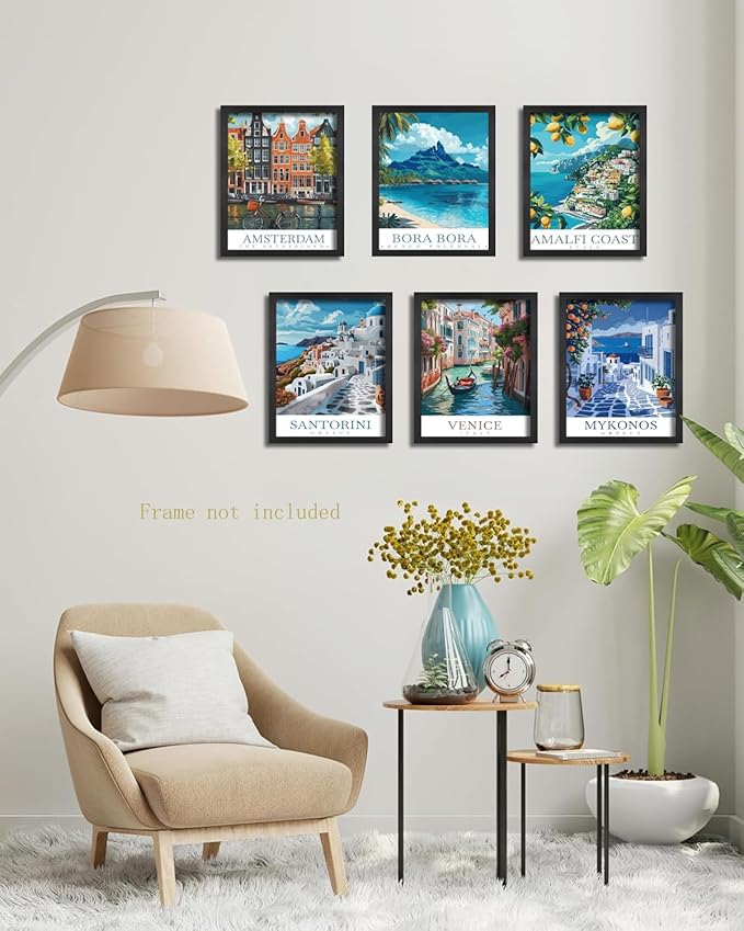 Vintage Travel Cities Posters Wall Art Set of 9,Europe Italy Cities Wall Decor, Trendy Modern The World Travel Canvas Art Prints Painting for Living Room Bedroom Bathroom Home Decor 8x10In Unframed