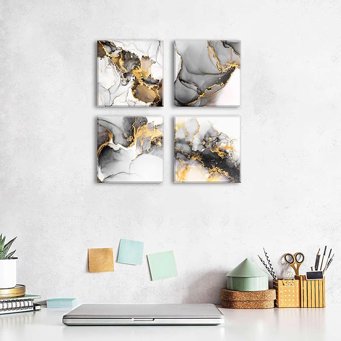 Black and Gold Wall Art Abstract Marble Artwork for Walls Ink Texture Canvas Prints Painting Living Room Bathroom Decor Contemporary Fluid Lines Pictures Bedroom Office Home Decorations 12x12” 4P