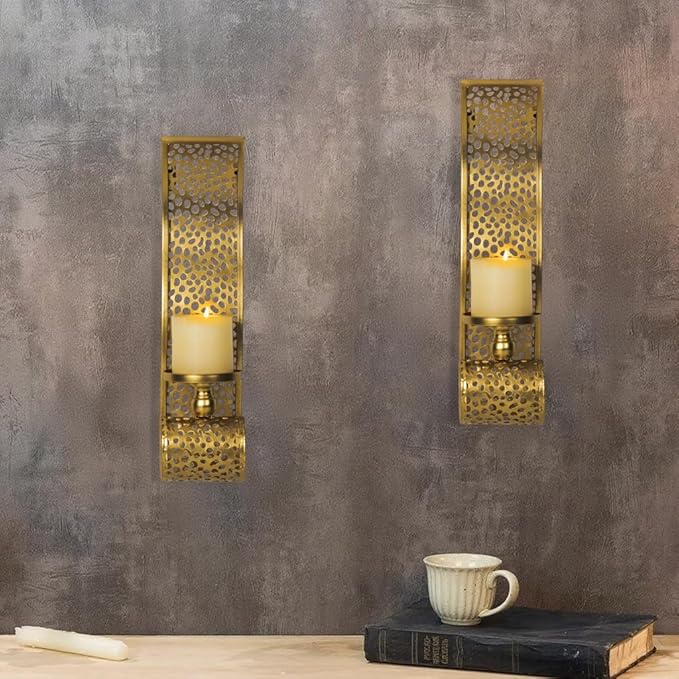 Gold Candle Sconces - Metal Wall Candle Holders for Living Rooms hallways Decorative Set of 2