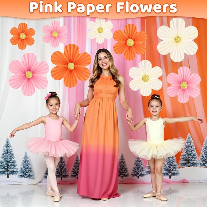 Pink and Orange Party Decorations Pink Paper Flowers Decorations for Wall 9pcs with 9 Gold Glitter Floral Centers Paper Fans Floral Backdrop Flower Wall Decor for Birthday Classroom Baby Shower, Guide