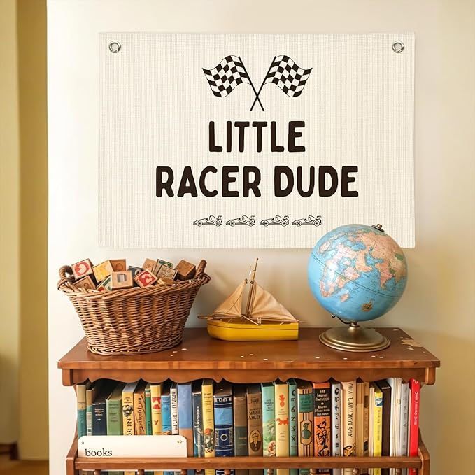 Playroom Decor,Little Racer Dude Canvas Banner,Race Car Room Decor for Boys,Cars Bedroom Decor,Toddler Boy Wall Hanging for Bedroom or Playroom, 30x20 Inch