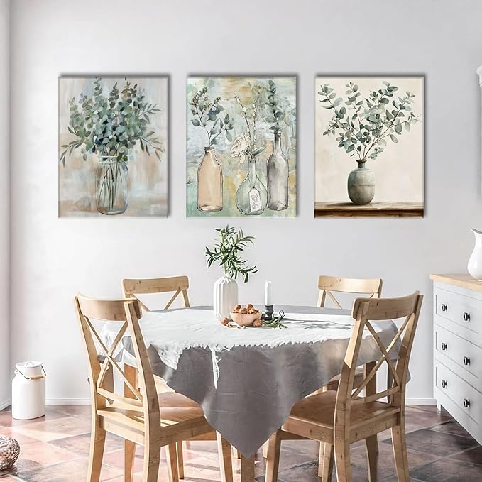 AOYUSMO 3 Piece Sage Green Eucalyptus Vase Canvas Wall Art for Kitchen Boho Botanical Framed Wall Art Floral Farmhouse Neutral Prints Artwork For Dining Room Living Room 16"x24"
