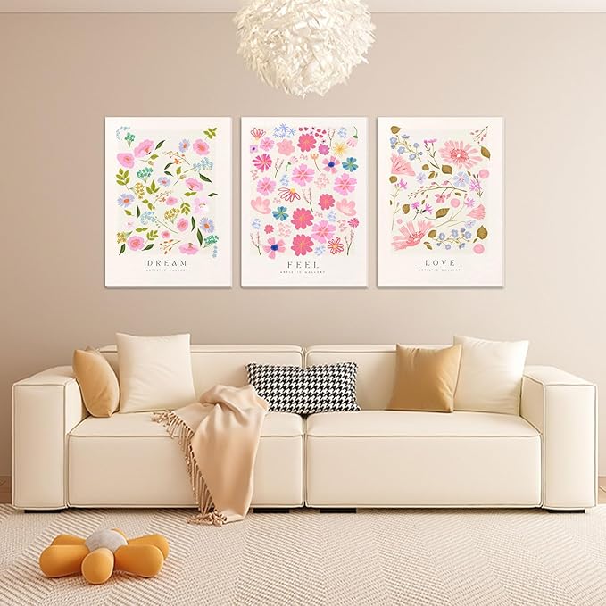 Djmwtb 3 Piece Canvas Wall Art Floral Wall Decor Flower Market Prints Pastel Paintings Pictures for Bedroom Bathroom Artwork 12x16in Framed