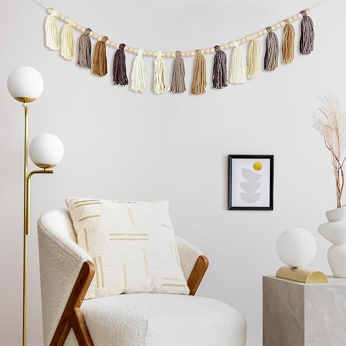 Boho Yarn Tassel Garland - Handmade Wall Hanging Decor for Nursery, Baby Shower, Kids Room, Classroom, Birthday Party | Macrame Tassels Bunting Banner for Bedroom, Office, Home Decoration (Brown)