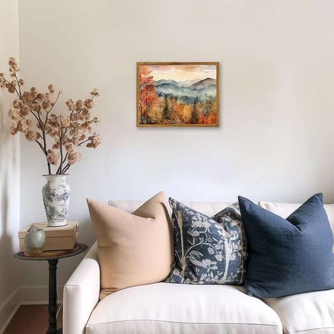 KBKBART Framed Vintage Wall Art for Living Room Bedroom Decor, Retro Autumn Watercolor Country Landscape Canvas Painting Farmhouse Wall Art, Rustic Fall Bathroom Wall Decor Vintage Room Decor(8"x10")