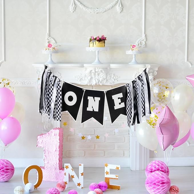 Race Car First Birthday Highchair Banner, Pre - strung Black & White Checkered “ONE” Garland for Boys’ Fast One Party, Cake Smash Photos & Racing Theme Decor