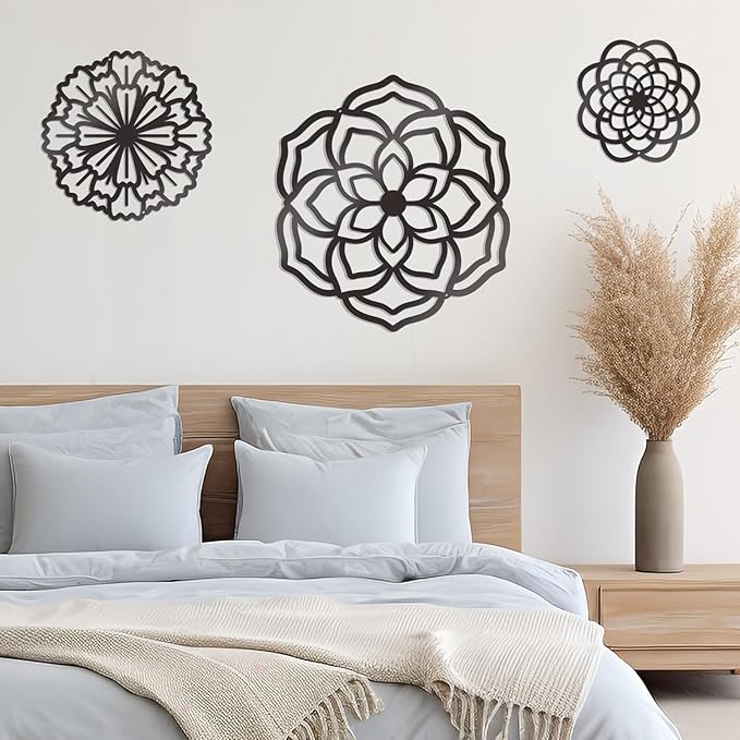 Zzbakress 3 Pcs Metal Flowers Wall Decor Black Wall Decoration Metal Flower Art Farmhouse Wall Decor Multiple Flowers Hanging Decor for Bathroom Living Room Kitchen Garden Office (Black Retro)