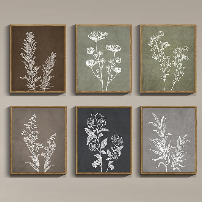 Drsoum Vintage Botanical Wall Art Framed Boho Wall Decor Wooded Minimalist Plant Print Modern Rustic Farmhouse Home Kitchen 8x10inx6pcs