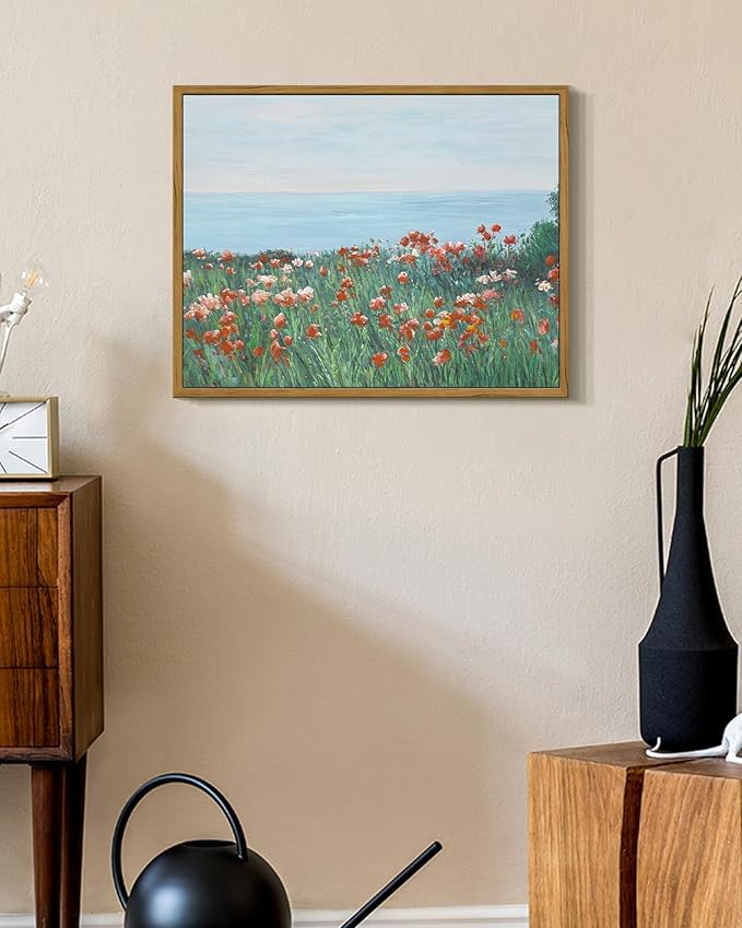 SHENIFY Vintage Framed Wall Art Coastal Wildflower Field Poppy Flower Landscape Scenery Home Decor Retro Decorations for Farmhouse Bedroom Ready to Hang Wall Artwork - 11x14in Natural Framed