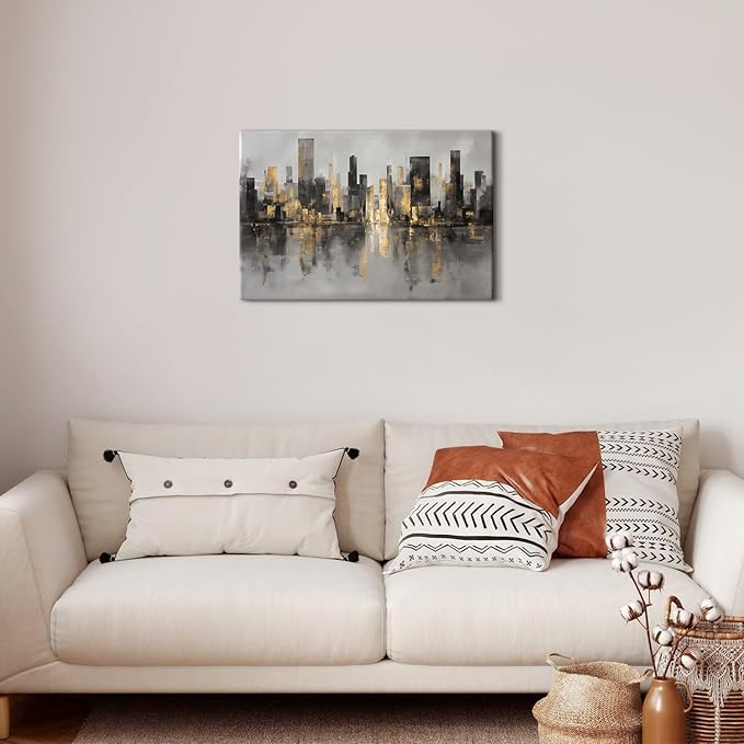New York City Canvas Wall Art Abstract City Pictures Wall Decor for Living Room Black and Gold NYC Cityscape Prints Paintings Skyline Landscape Artwork for Bedroom Office Home Decorations 16x24"