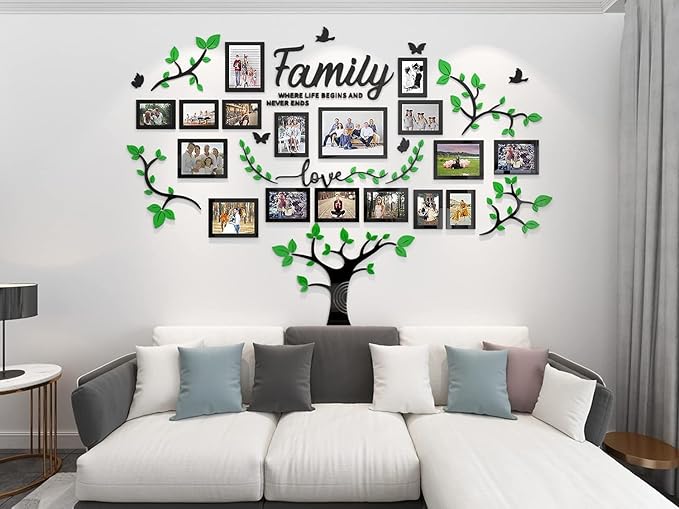 Family Tree Wall Decor - Picture Frames Collage 4x6 5x7 8x10 11x14 3D DIY-Acrylic Photo Frame for Living Room （Green 57 * 81in）