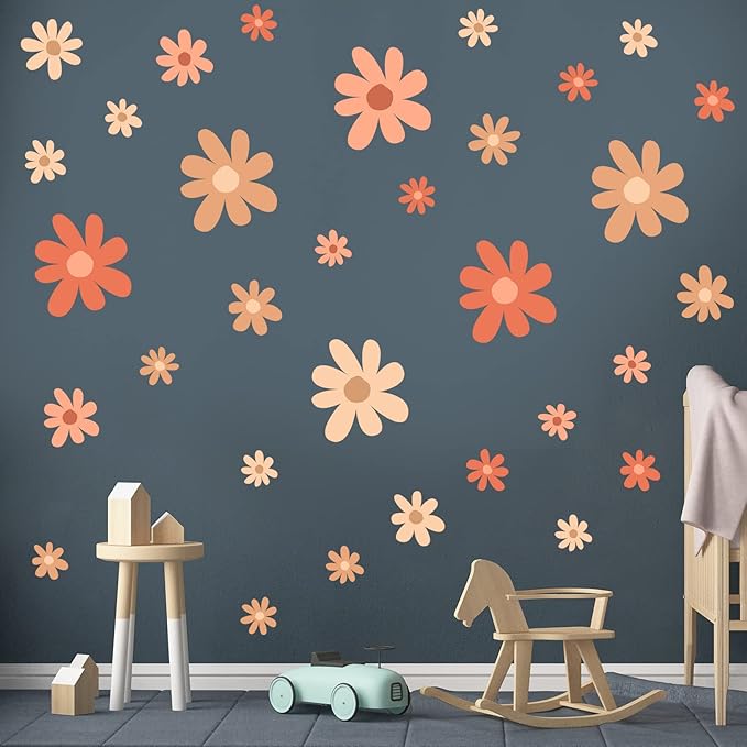 TaoBary 12 Sheet Daisy Wall Sticker Decal Removable Cute Daisy Bedroom Room Decor Flower Wall Sticker Pink White Flower Decal Wallpaper Peel and Stick for Nursery Home(Orange,Colorful Style)