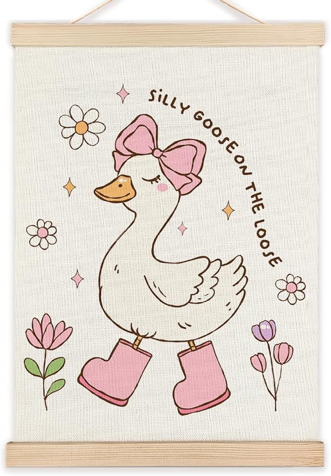 LZYRF Silly Goose On The Loose Wall Art, Coquette Pink Bow Floral Aesthetic Goose Canvas Prints Wall Decor for Girls Room Bedroom Dorm Nursery Playroom, 12x16 Inch