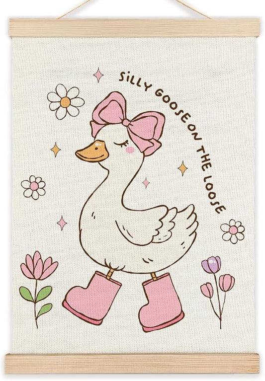 LZYRF Silly Goose On The Loose Wall Art, Coquette Pink Bow Floral Aesthetic Goose Canvas Prints Wall Decor for Girls Room Bedroom Dorm Nursery Playroom, 12x16 Inch