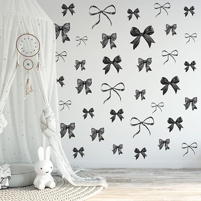 Whaline 12 Sheets Black Bow Wall Stickers Watercolor Bowknot Wall Decals Room Mural Stickers for Coquette Wedding Birthday Party Home Nursery Decor, 7.9 x 11.8 Inch