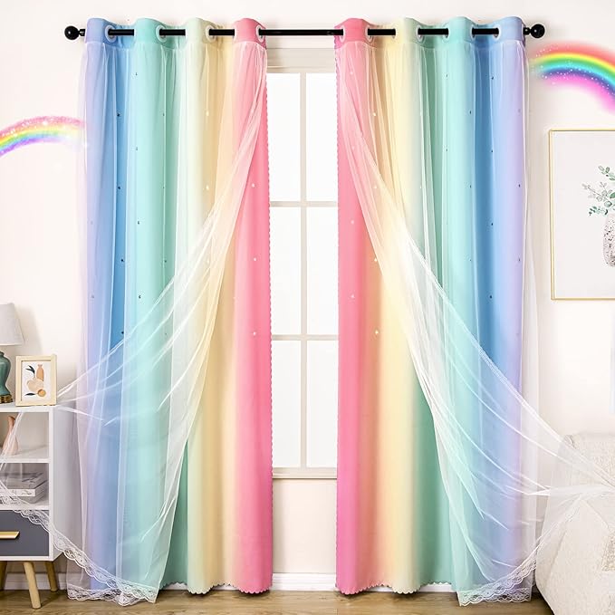 UNISTAR 2 Panels Blackout Stars Curtains for Girls Bedroom Kids Aesthetic Living Room Decor Colorful Double Layer Star Cut Out Stripe Window Wall Home Decoration Curtain,W52 x L63 Inches, Rainbow
