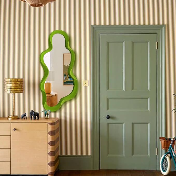 Green Wall Mirror Decor for Hallway Entryway, Large 13.8x29.7 Asymmetrical Decorative Mirrors for Home Office Living Room, Funky Home Decor for Housewarming Christmas Wedding Gift (Lawn Green)