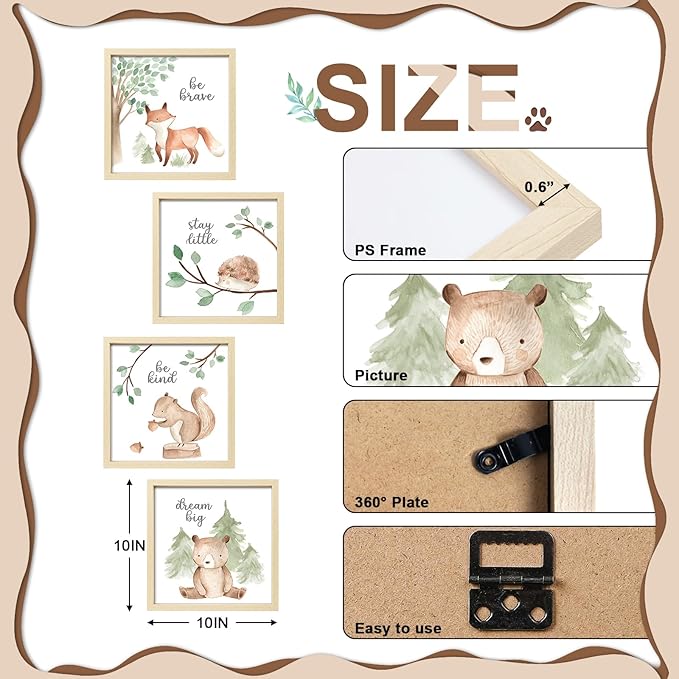 ArtbyHannah Framed Woodland Nursery Wall Decor, 10x10 Inch Cute Baby Safari Wall Art, Green Kids Art Frame with Forest Animals Prints for Playroom Classroom Bathroom Baby Shower Decoration(4 Pack)