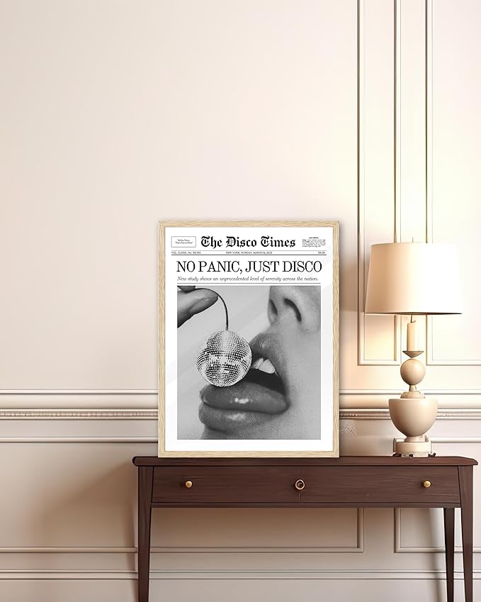iHery No Panic Just Disco Framed Trendy NewsPaper Wall Art,Beige OAK Wood 12x16in Canvas Bedroom Wall Art, Cherry Disco Ball Headline Poster,Magazine Wall Decor For Dorm Living Room Home 1Pack
