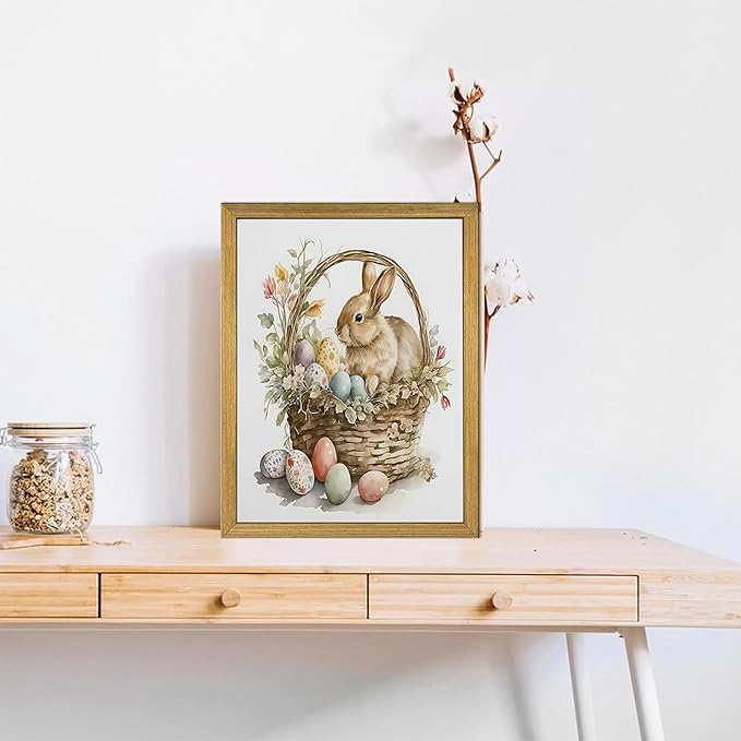 Easter Bunny Wall Art, Vintage Easter Bunny Eggs Poster Print Wall Decor, Holiday Home Canvas Decor Painting 12x16 Inch Wood Framed