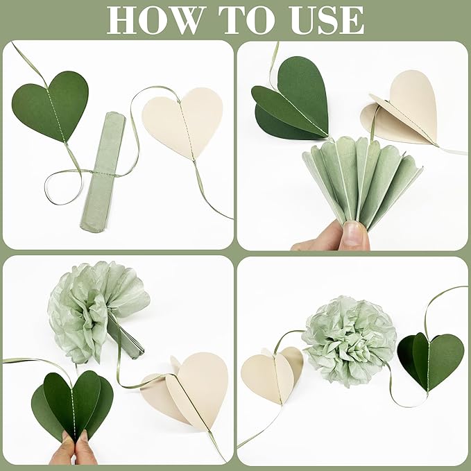 Sage Green Party Decoration Tissue Flowers Pom Pom with 3D Heart Hanging Paper Garland Banner Streamer for Birthday Baby Shower Wedding Valentines Day Woodland Neutral Themed Party Home Decor Supplies