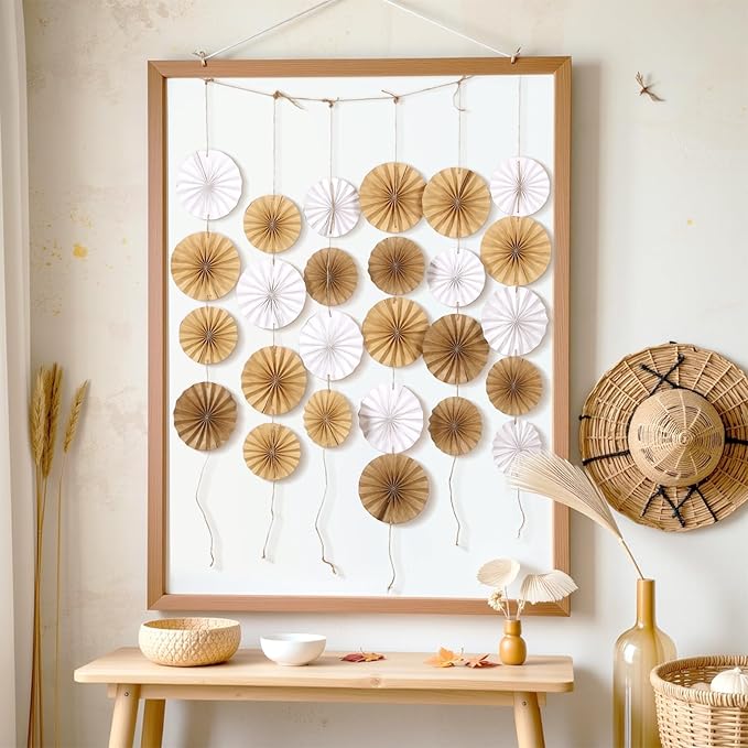 Easy Joy Boho Hanging Paper Fans Neutral Rustic Paper Fans Garland White Brown Party Decorations for Boho Party Baby Shower Birthday Wedding Bridal Classroom Decor