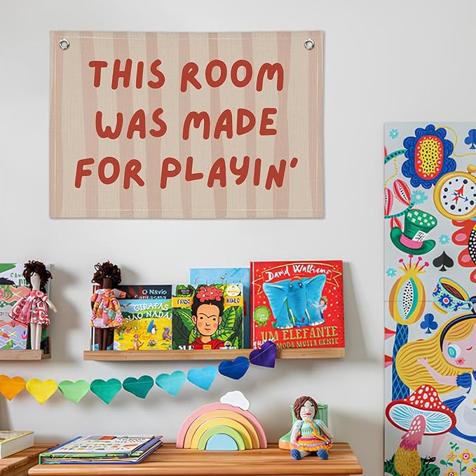 Playroom Decor Wall Banner "This Room Was Made For Playin'" 20x30 Inch - Nursery Canvas Art, Kids Bedroom Hanging, Linen Toddler Play Area Sign, Children's Canvas Flag Decor