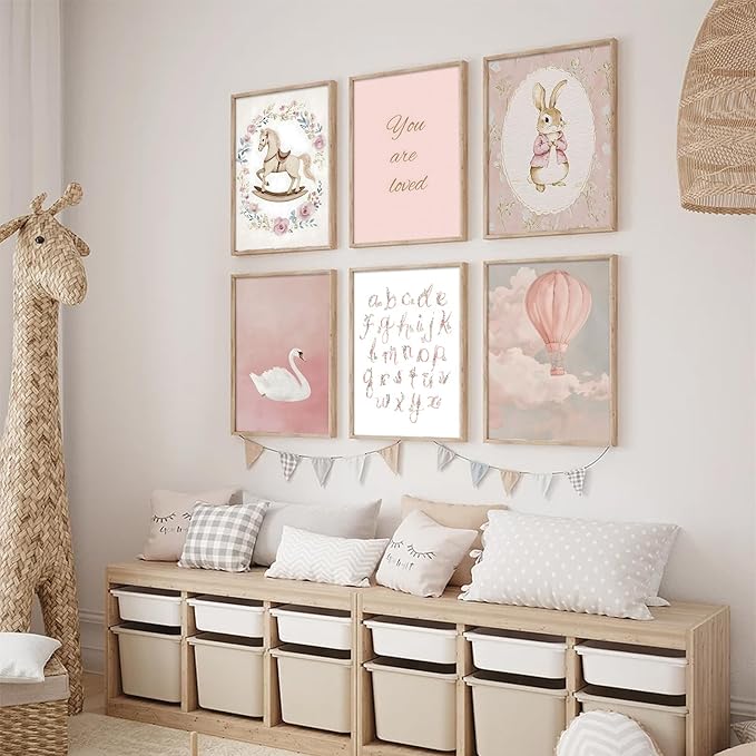 Uniro Pink Nursery Wall Decor Art Prints, Vintage Baby Girl Nursery Room Decor, Cute Baby Girl Room Decor Swan Bunny Hot Air Balloons Alphabets Canvas Painting, Antique Nursery Poster for Little Girl's Bedroom, Kids Room Decor-8x10inch|Unframed