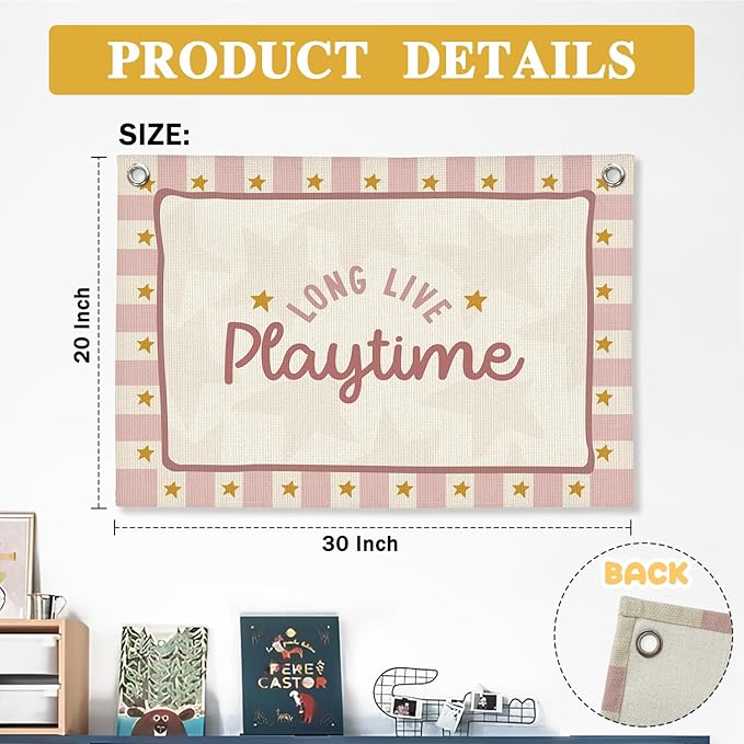 Playroom Wall Decor,Long Live Playtime Linen Canvas Banner,Pink Toddler Playroom Decor Kids Room Nursery with Star Pattern Wall Decor for Toddler Girls Toy Room Bedroom,30x20 Inch