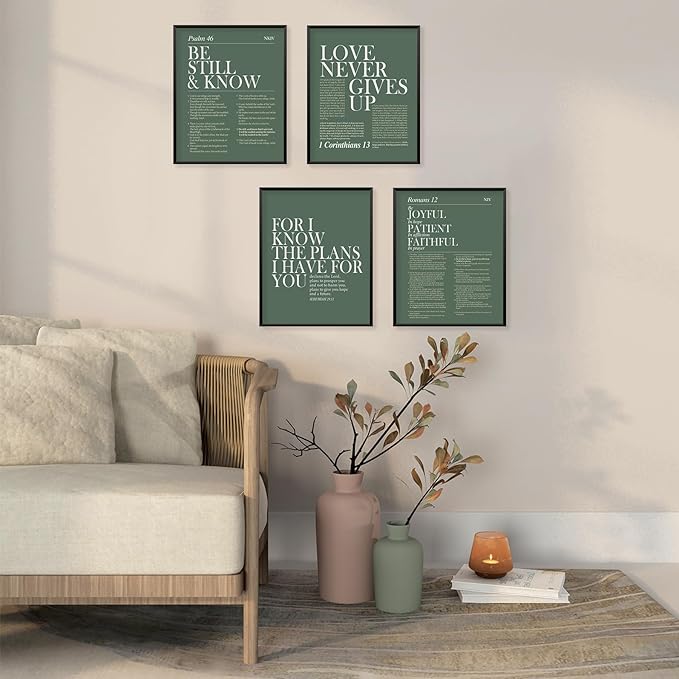 Locomiss Sage Green Christian Wall Art Decor, Modern Bible Verse Prints, Minimalist Jesus Scripture Wall Decor, Green Inspirational Bible Posters for Bedroom Office Living Room,Set of 4(8x10 Unframed)