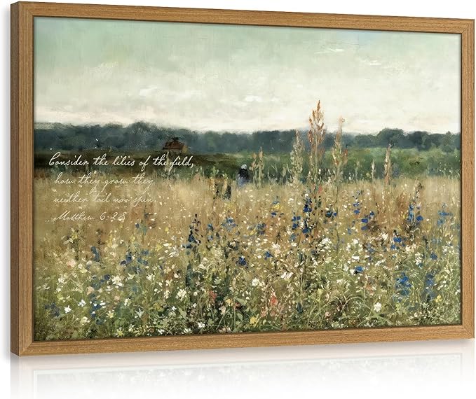 HLXRAE Christian Scripture Canvas Wall Art, “Consider the Lilies” Bible Verse Wall Decor, Rustic Wildflower Poster Print, Vintage Religious Artwork for Church Prayer Bedroom Wood Framed 16x24 Inch