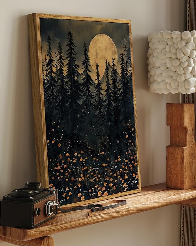 WHASAYART Framed Dark Forest Pine Trees Yellow Flowers Wall Art 12x16, Autumn Night Sky Full Moon Wildflowers Canvas Print, Rustic Fall Nature Gothic Aesthetic Halloween Bedroom Living Room Decor
