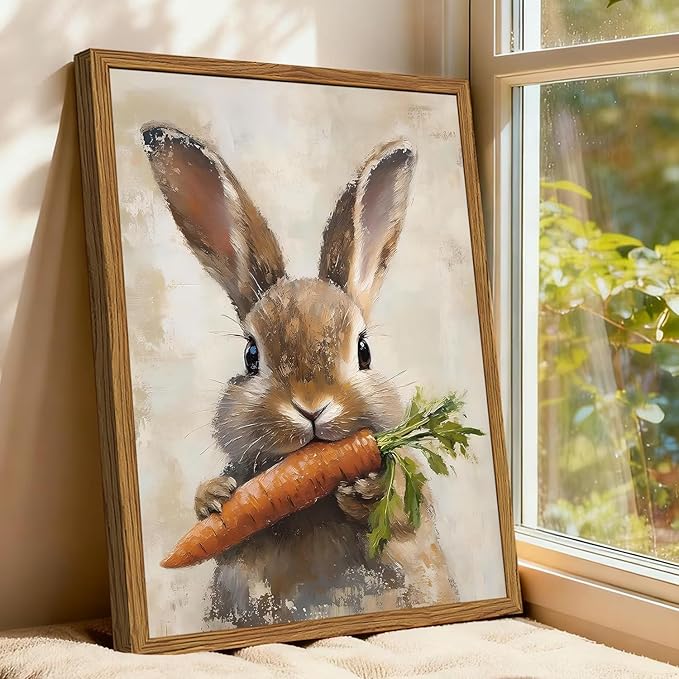 Framed Vintage Rabbit Canvas Wall Art, Cute Easter Bunny with Carrot Pictures Wall Decor, Spring Farmhouse Animal Paintings Prints Cottagecore Home Decor for Living Room Kitchen Nursery 16x24 inch