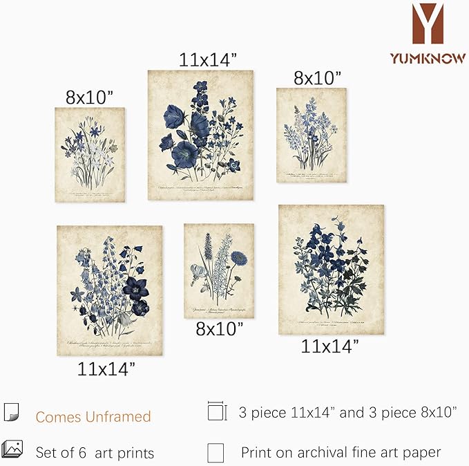 Watercolor Vintage Flower Poster Print 11x14 - Rustic Modern French Country Cottagecore Wall Art - Primitive Blue Magnolia Leaves Pictures Gallery Gift - Farmhouse Botanical Floral Kitchen Room Decor