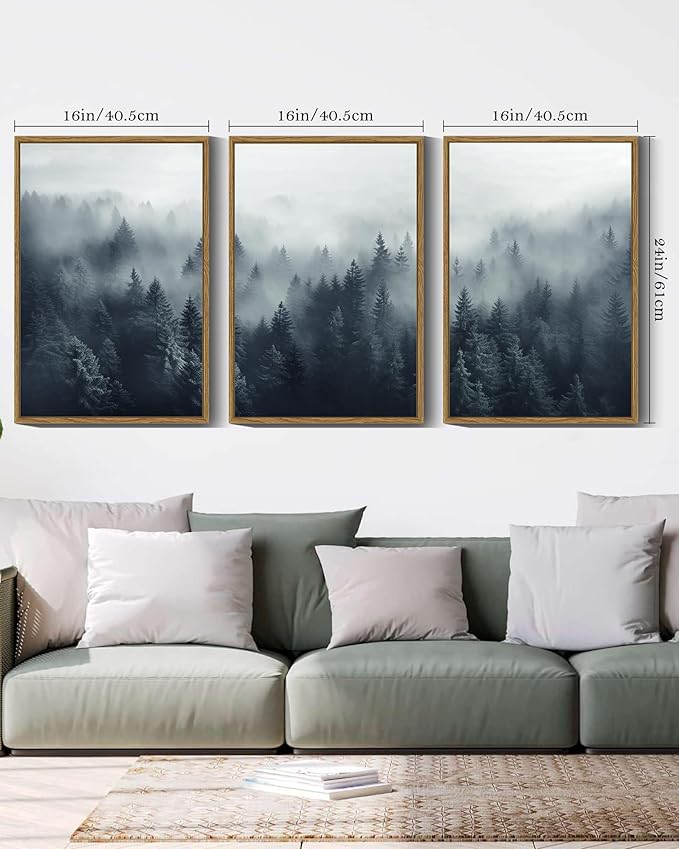 SHENIFY Blue Fog Pine Tree Forest Canvas Wall Art Large 16x24in Framed Nature Modern Artwork Prints Decor - Natural Framed