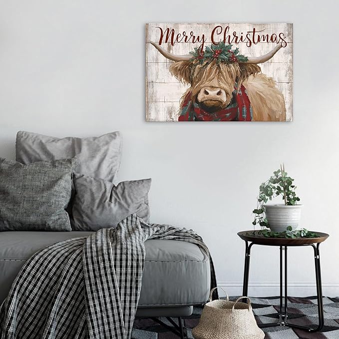 Funny Highland Cow Canvas Wall Art Merry Christmas Wall Decor Christmas Farmhouse Cow Prints Poster Rustic Farm Animal Painting Pictures Western Artwork for Living Room Kitchen Home Decorations 16x24"