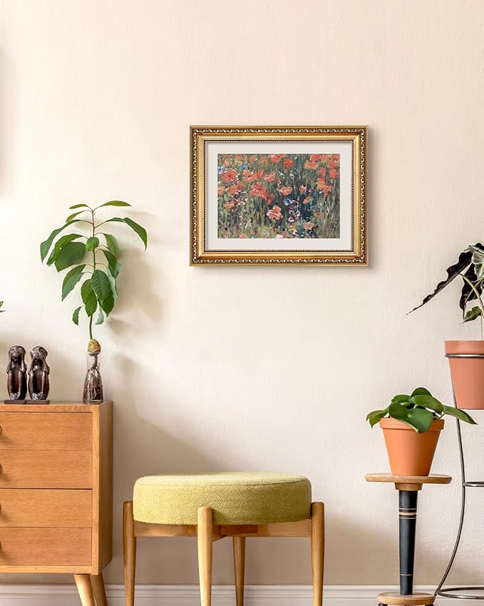 VIYYIEA Gold Framed Impressionist Wildflower Meadow Canvas Wall Art, Vintage Floral Painting for Sophisticated Living Room or Master Bedroom | Lightweight No-Glass Design | 11x14 Inch